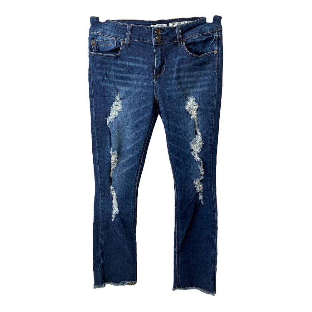Juniors 11 X 25 Croped Jeans Indigo Rein Blue Distressed Denim 5 Pocket